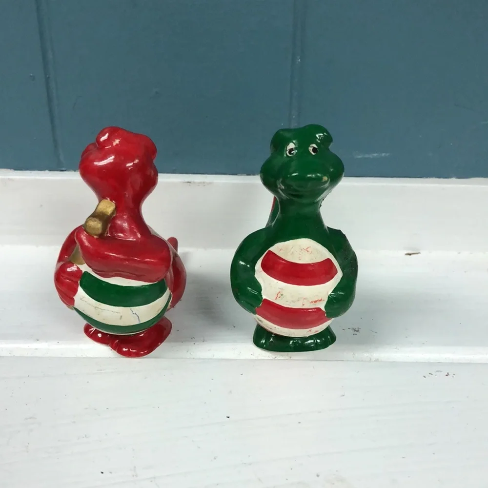 Lot of 2 vintage dragon dinosaur hand‎ painted Christmas ornaments RARE